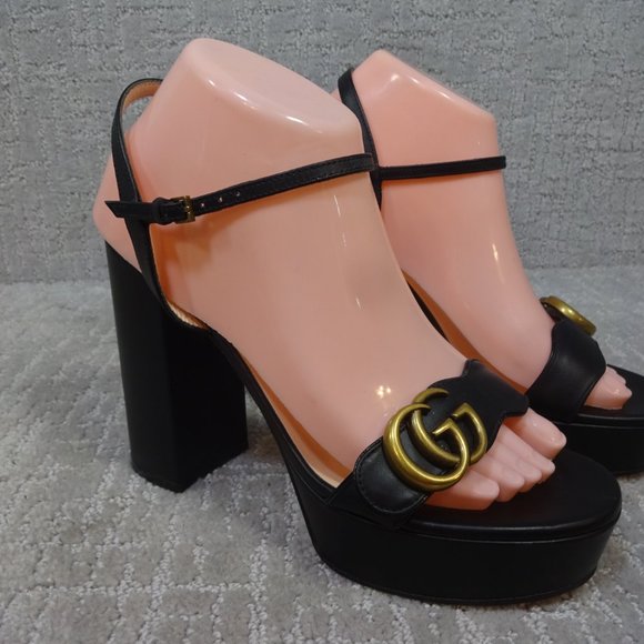 Gucci Marmont Double G Women's Size 39 EU Black Leather High Heel Sandals Shoes - Picture 2 of 14